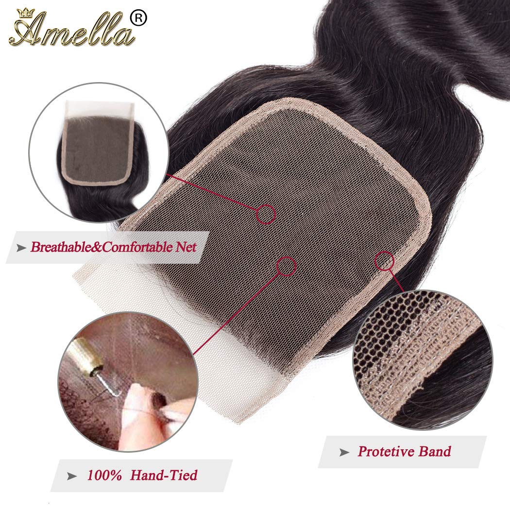 Amella Hair 8A Brazilian Human Hair Body Wave Bundles with Closure (10-14+10, Free Part) - 100% Unprocessed Brazilian Body Wave Hair Bundles with 4x4 Swiss Lace Closure