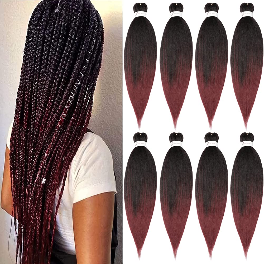 Pre-Stretched Braiding Hair Extension Ombre Black to Burgundy Professional Crochet Braiding Hair 26 Inch 8 Packs Hot Water Setting Perm Yaki Synthetic Hair For Twist Braids (26inch,#1B/Bug)