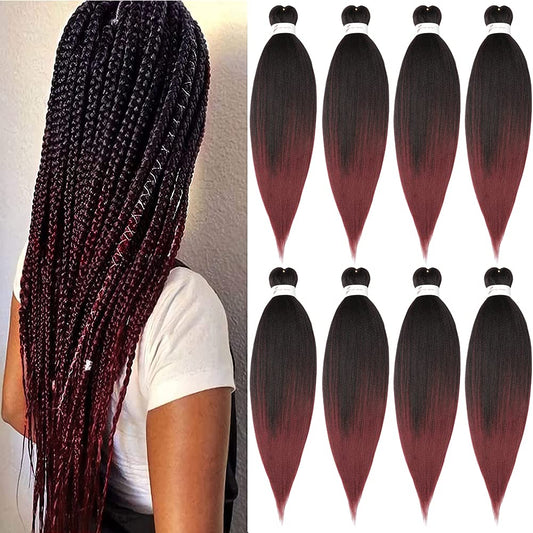 Pre-Stretched Braiding Hair Extension Ombre Black to Burgundy Professional Crochet Braiding Hair 26 Inch 8 Packs Hot Water Setting Perm Yaki Synthetic Hair For Twist Braids (26inch,#1B/Bug)
