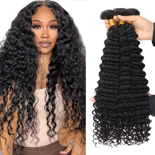 DiexrLamx Deep Wave Human Hair Bundles 8A Brazilian Unprocessed Virgin Hair 3 Bundles 10 Inch Natural Black Color Loose Wave Human Hair Extension
