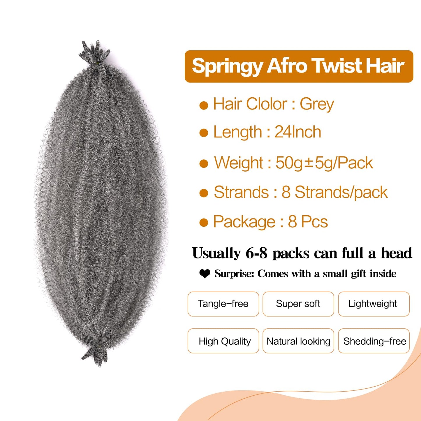 8 Packs Grey Afro Twist Hair 24 Inch Marley Twist Crochet Hair Pre Fluffed Spring Twist Hair for Distressed Faux Soft Locs (24 Inch,8Pack,Grey)