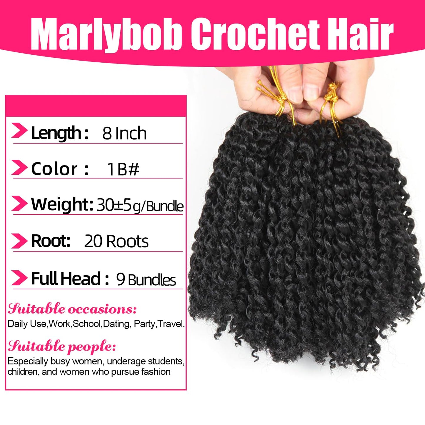 8 Inch Short Passion Twist Marlybob Crochet Hair 9 Bundles Kinky Curly Short Crochet Braids Twist Crochet Braiding Hair (9Bundles8Inch, 1b#)