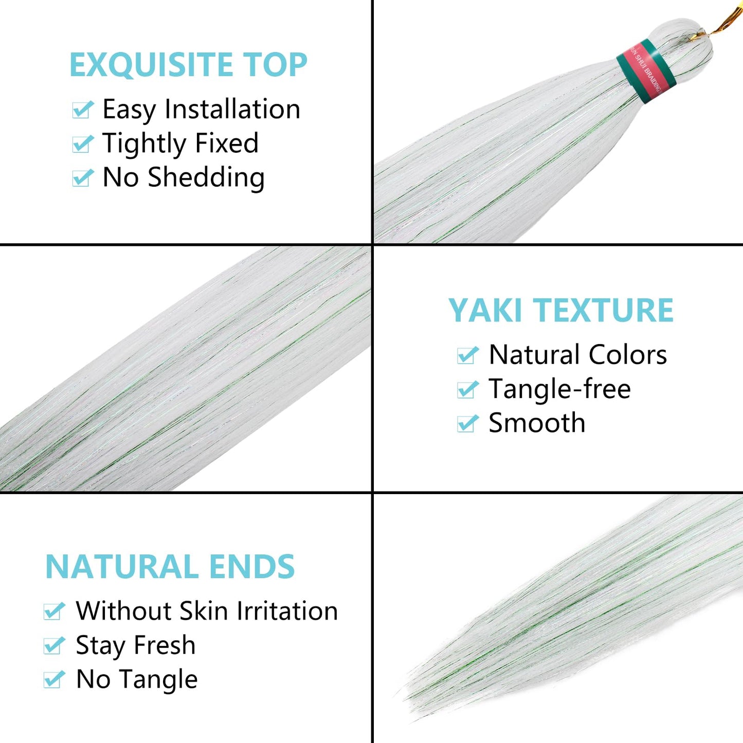 RUN SHUI Cream White Mix Tinsel Pre stretched Braiding Hair 2 Packs Pre feathered Braid Hair Extensions 30 Inches Hair Braids