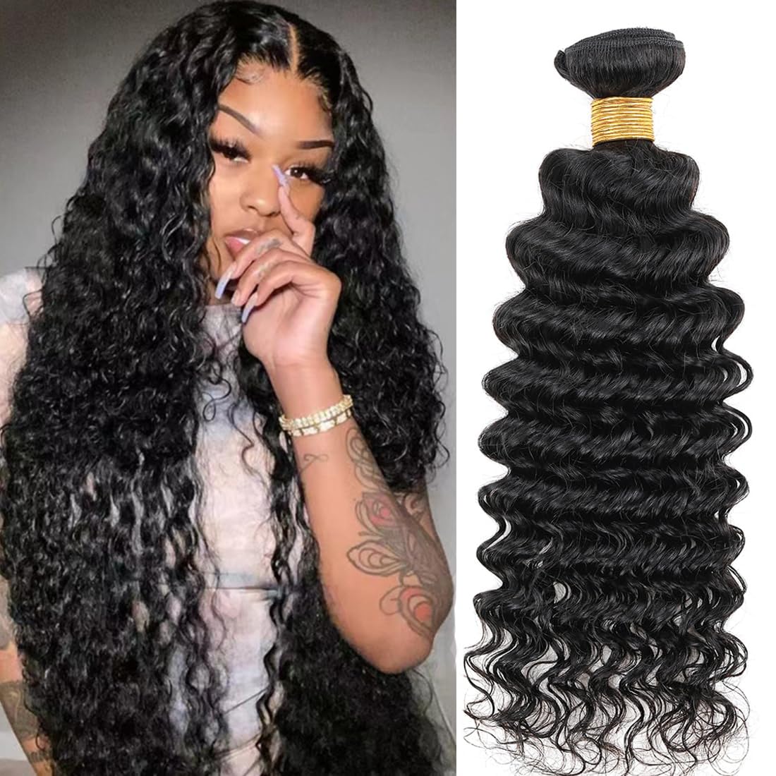 Human Hair Bundles 12A Brazilian Deep Wave Human Hair One Bundle 20inch 100% Unprocessed Virgin Human Hair Deep Wave Curly Water Wave Wet and Wavy Quick Weave Raw Bundles Deals Natural Black