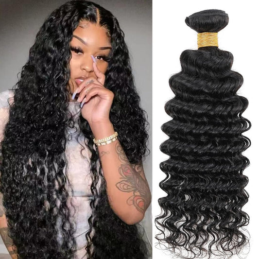 Human Hair Bundles 12A Brazilian Deep Wave Human Hair One Bundle 20inch 100% Unprocessed Virgin Human Hair Deep Wave Curly Water Wave Wet and Wavy Quick Weave Raw Bundles Deals Natural Black