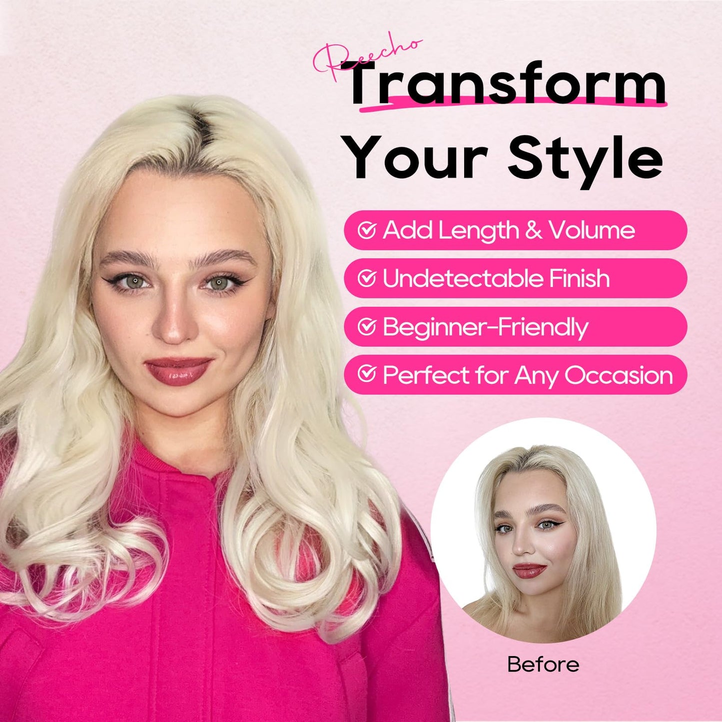 REECHO Clip-in Hair Extensions, 4PCS Lace Weft 14" Short Wavy Hair Pieces - Invisible, Natural Soft, Black