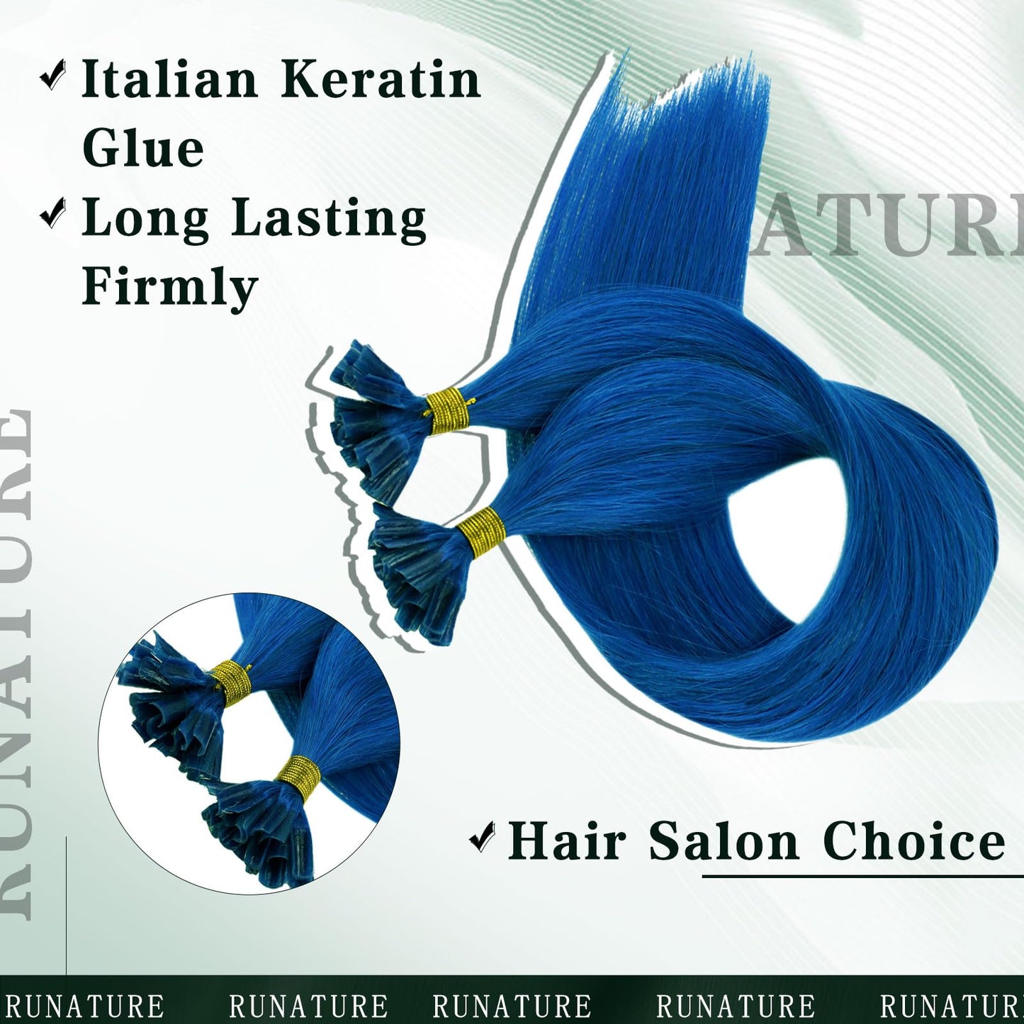 RUNATURE U Tip Human Hair Extensions - Blue Straight for Party - Hot Fusion Colorful 14 Inch 20g 25s