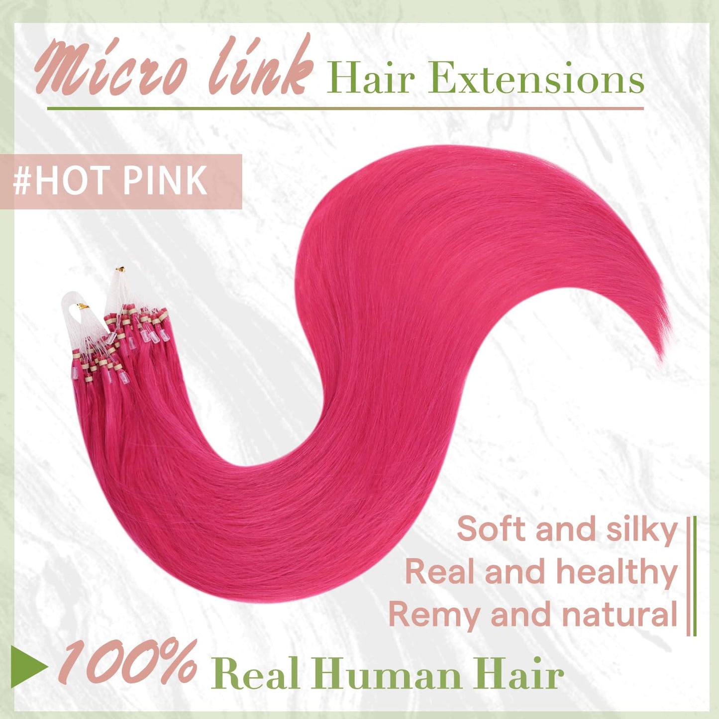 RUNATURE Micro Link Hair Extensions 16 Inch Straight Hot Pink Human Hair 25g 25s