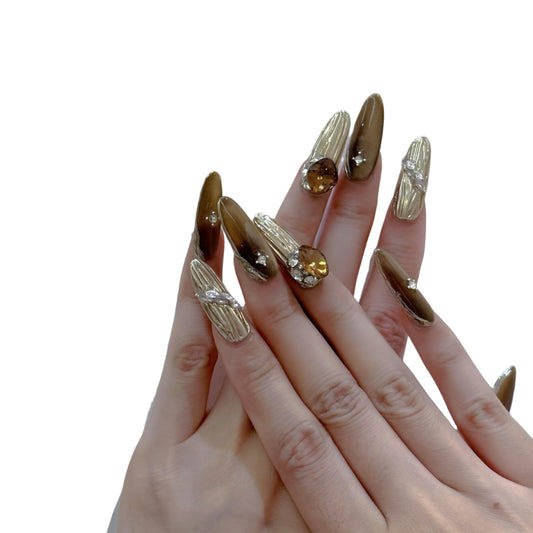 Lurenia • Lxssie Press On Nails - French Style with Pearl Embellishments and 3D Gold Texture - Reusable Nail Art Gift Set for Women (EXTRA SMALL-Brown Diamond, )