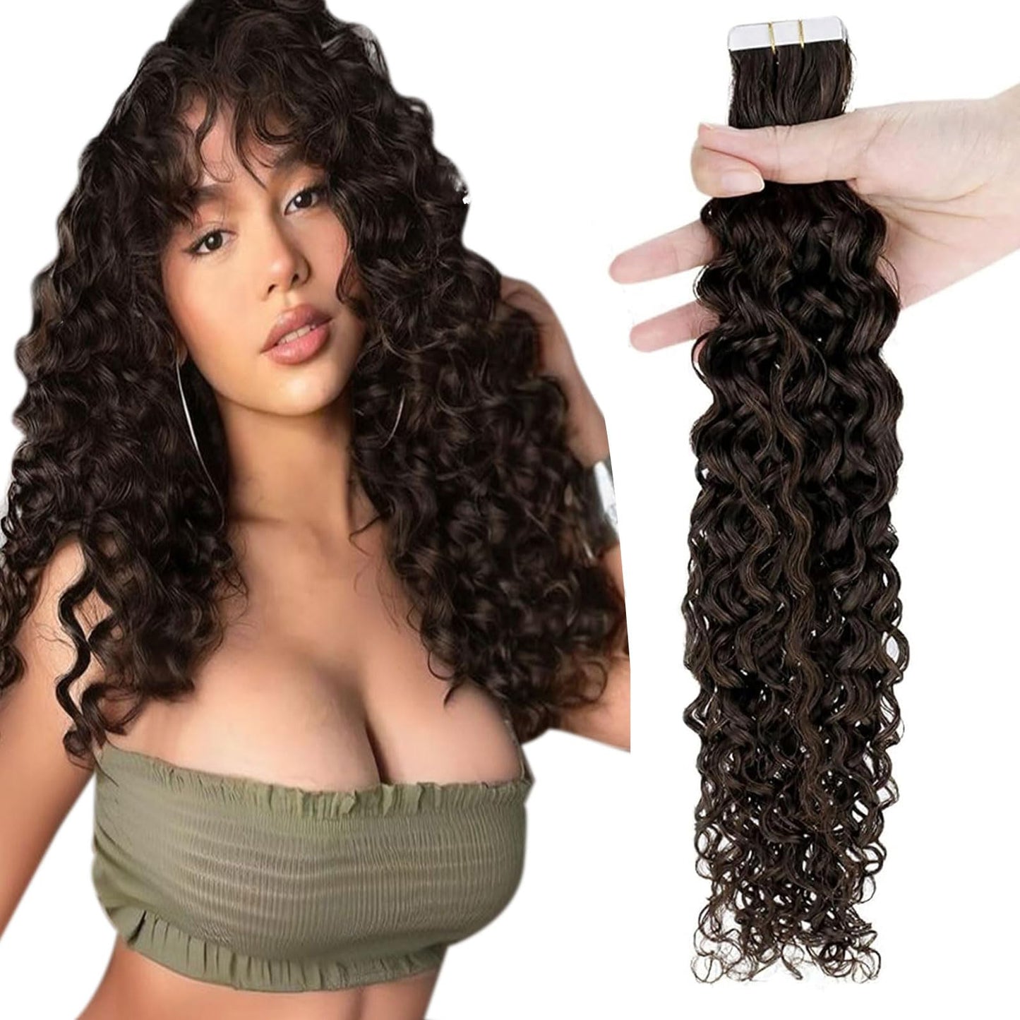 RUNATURE Curly Tape in Hair Extensions Human Hair Dark Brown Natral Wave 14 Inch Tape ins Human Hair Extensions Curly Tape in Remy Hair Extensions Silky Curly Human Hair Tape In Extensions 50g 20pcs