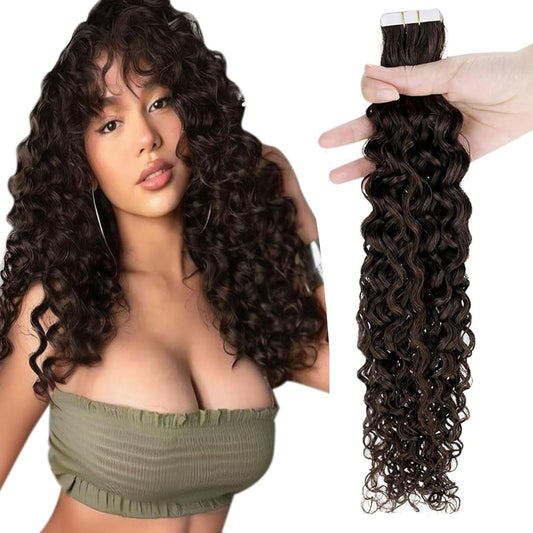 RUNATURE Curly Tape in Hair Extensions Human Hair Dark Brown Natral Wave 14 Inch Tape ins Human Hair Extensions Curly Tape in Remy Hair Extensions Silky Curly Human Hair Tape In Extensions 50g 20pcs