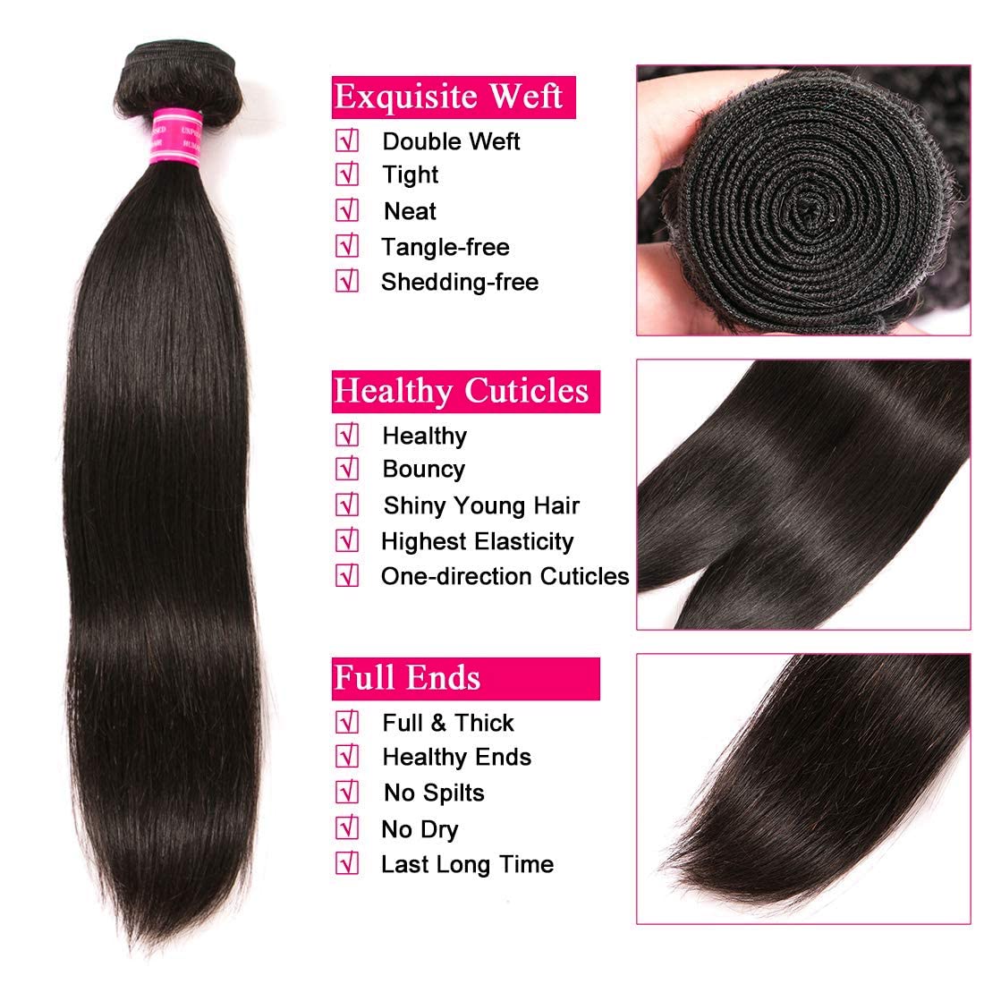 QinMei Brazilian Virgin Hair Straight 1 Bundle 100% Unprocessed Brazilian Straight Human Hair Weave Bundles Weaving Natural Black Color(16Inch，1Bundle）