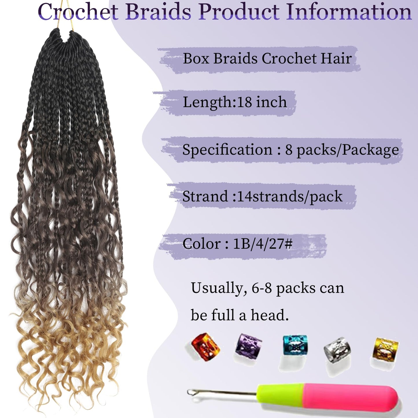 Boho Crochet Braids 18 Inch Goddess Box Braids Crochet Hair 8 Packs Box Braids Crochet Hair Crochet Braids for Black Women(18 Inch, 1B/4/27)