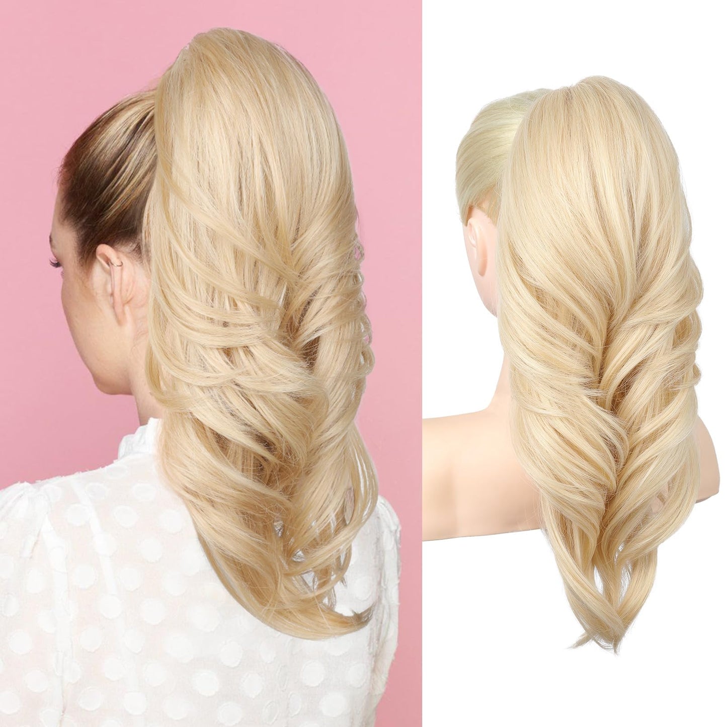 SEIKEA Versatile Drawstring Ponytail Extension, 18" Long Wavy Multi Layered Clip in Ponytail Hair Extensions Stand Up High Fake Pony Tail Soft Natural Synthetic Hairpiece for Women Cool Light Blonde