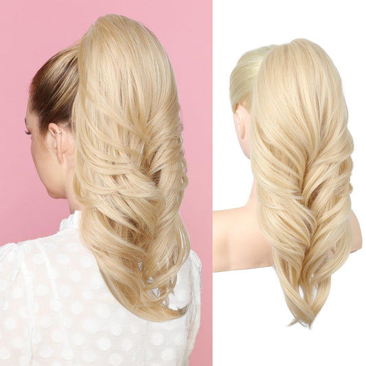 SEIKEA Versatile Drawstring Ponytail Extension, 18" Long Wavy Multi Layered Clip in Ponytail Hair Extensions Stand Up High Fake Pony Tail Soft Natural Synthetic Hairpiece for Women Cool Light Blonde