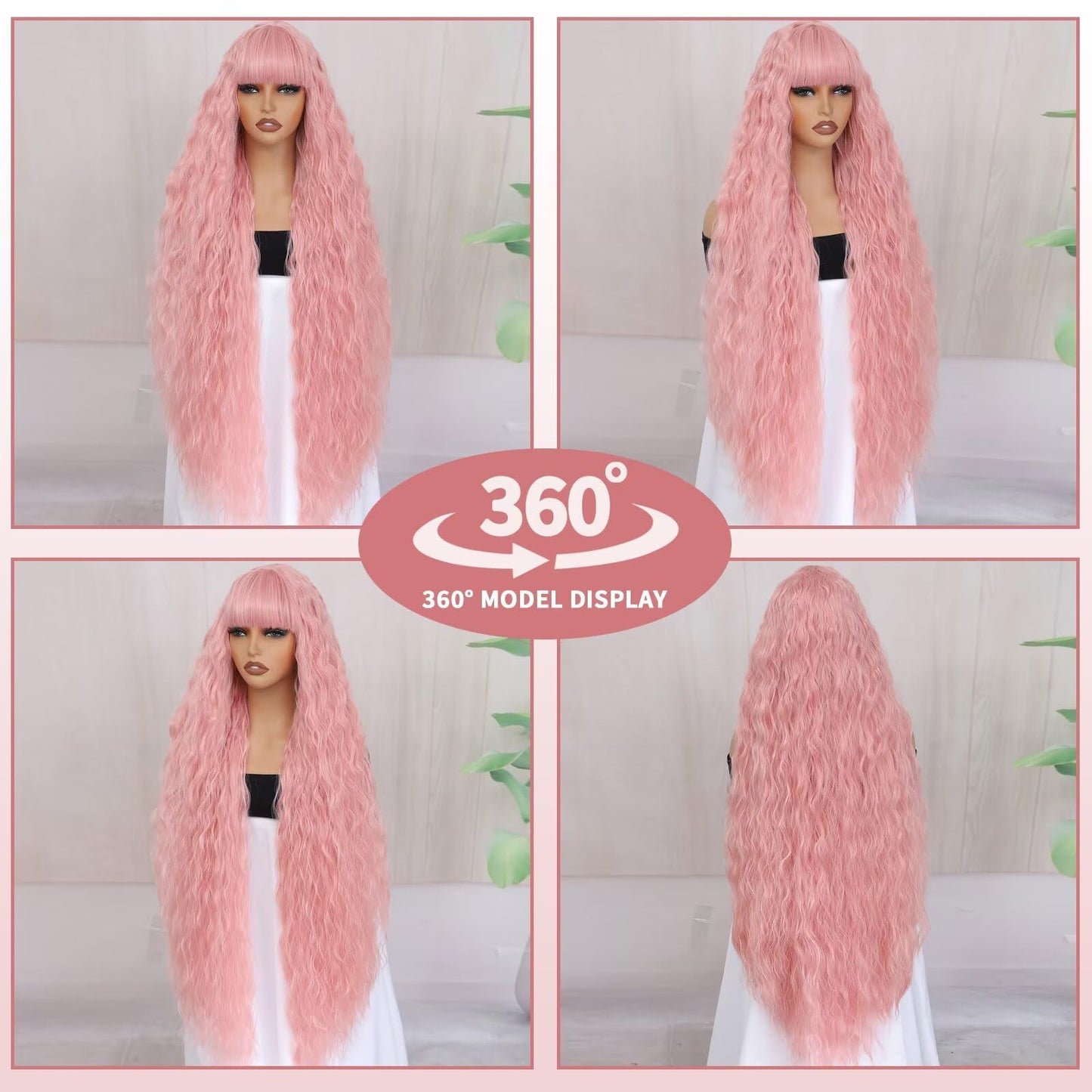 Aliesencia 40 Inch Long Wavy Wig with Bangs for Women White Cosplay Wig Bounce Fluffy for Halloween Party Daily Use(Pink)