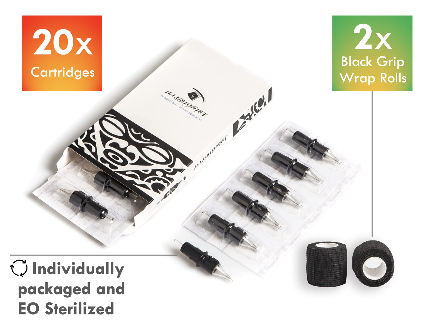 Illusionist Ultra Premium Professional Cartridge Needles w/Grip Wrap Tape #12 Round Liner 20 Pack (1203RL)