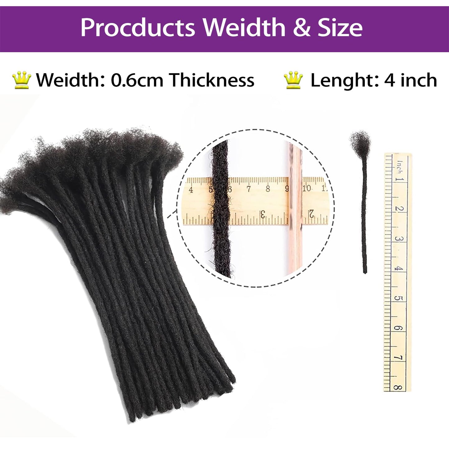 Loceast 6 Inch 0.2cm Width Loc Extension Human Hair Natural Black 100 Strands Full Hand-made Permanent Locs Extensions Can Be Dyed and Bleached for Men/Women/Kids Real Dreadlock Extensions Human Hair