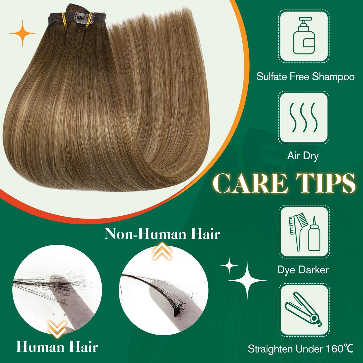 Easyouth Clip in Hair Extensions Real Human Hair Balayage Clip on Hair Extensions for Thick Hair Dark Brown Fading to Caramel Blonde Mix Brown for Long Straight Hair 22In 120G 7Pcs