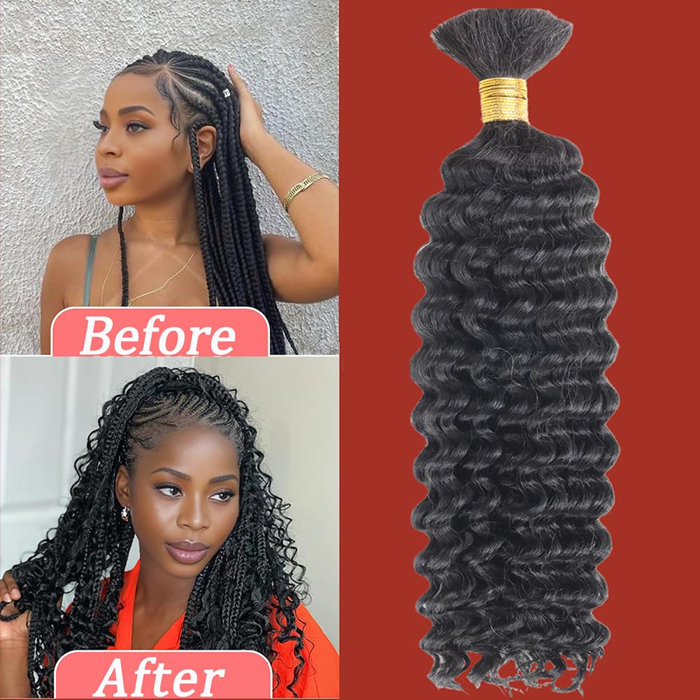 Deep Wave Bulk Human Hair For Braiding 100 Percent Human Braiding Hair For Boho Braids No Weft Brazilian Virgin Curly Human Hair Extensions（2 Braids Per of 1 pack 100g ）