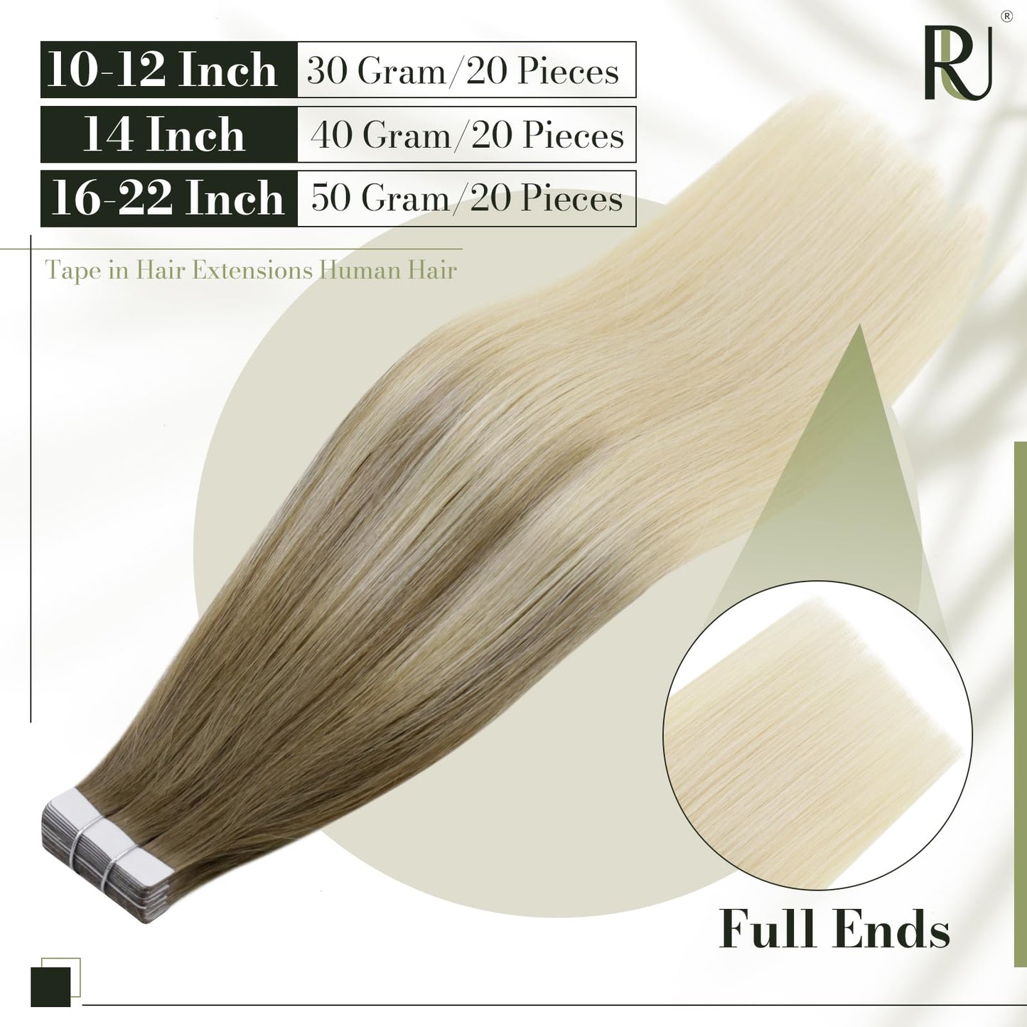 RUNATURE Human Hair Tape in Extensions Balayage Straight Tape in Extensions Real Human Hair Ombre Ash Brown to Platinum Blonde Human Hair Extensions Tape in Blonde Double Sided 12 Inch 20pcs 30g