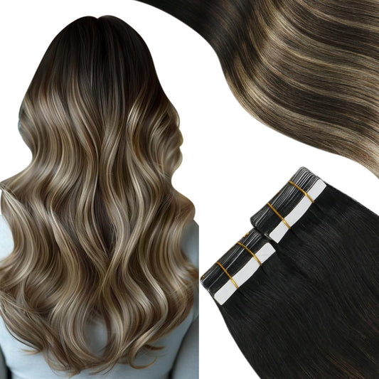Moresoo Tape in Extensions Balayage Human Hair Extensions Tape in Ombre Off Black to Brown Mix with Blonde Glue in Hair Extensions Real Human Hair Seamless Glue in Hair 12 Inch #1B/3/27 20pcs 30g