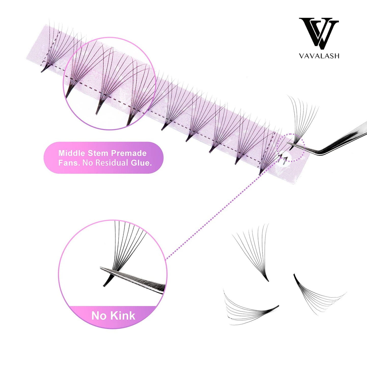 Eyelash Extensions 3D 4D 5D 6D 8D 9D 10D Thickness 0.07/0.1 C/D Curl Eyelashes Middle Stem & Long Stem Heat Bonded Premade Fans Russian Volume Lash Extensions Supplies (Middle Stem 8D-0.07-C-8-15mm)