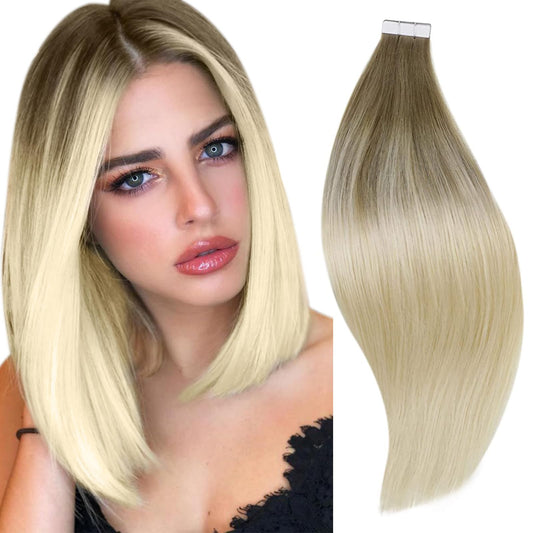 RUNATURE Human Hair Tape in Extensions Balayage Straight Tape in Extensions Real Human Hair Ombre Ash Brown to Platinum Blonde Human Hair Extensions Tape in Blonde Double Sided 12 Inch 20pcs 30g