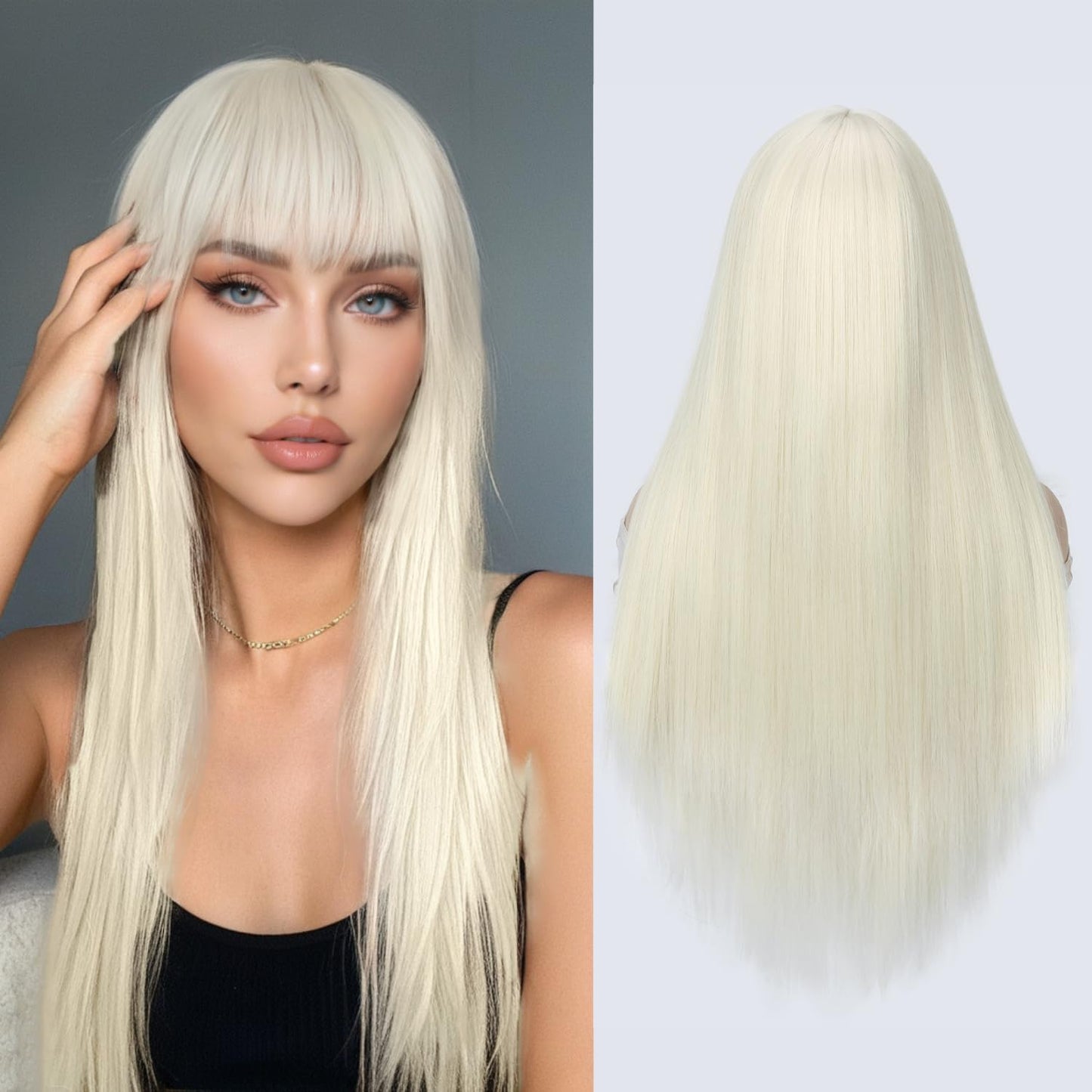 FANCEE Beige Wig with Bangs Long Straight Wig with Blunt Bangs for Women 26 Inch Synthetic Light Beige Blonde Wig with Layered Ends for Cosplay Halloween Party Daily Use