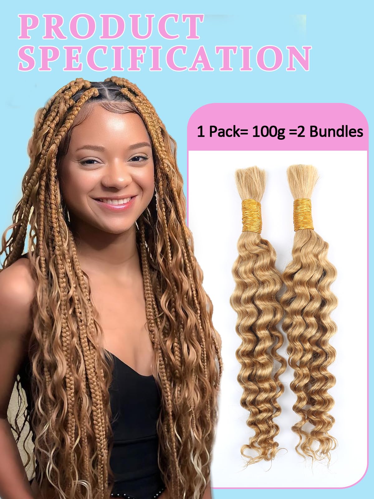 Honey Blonde Human Braiding Hair for Boho Braids 2 Bundles 18 Inch 100g #27 Deep Water Wave Bulk Human Hair for Braiding Wet and Wavy Curly Bundles No Weft Micro Braiding Hair Human Hair Extensions