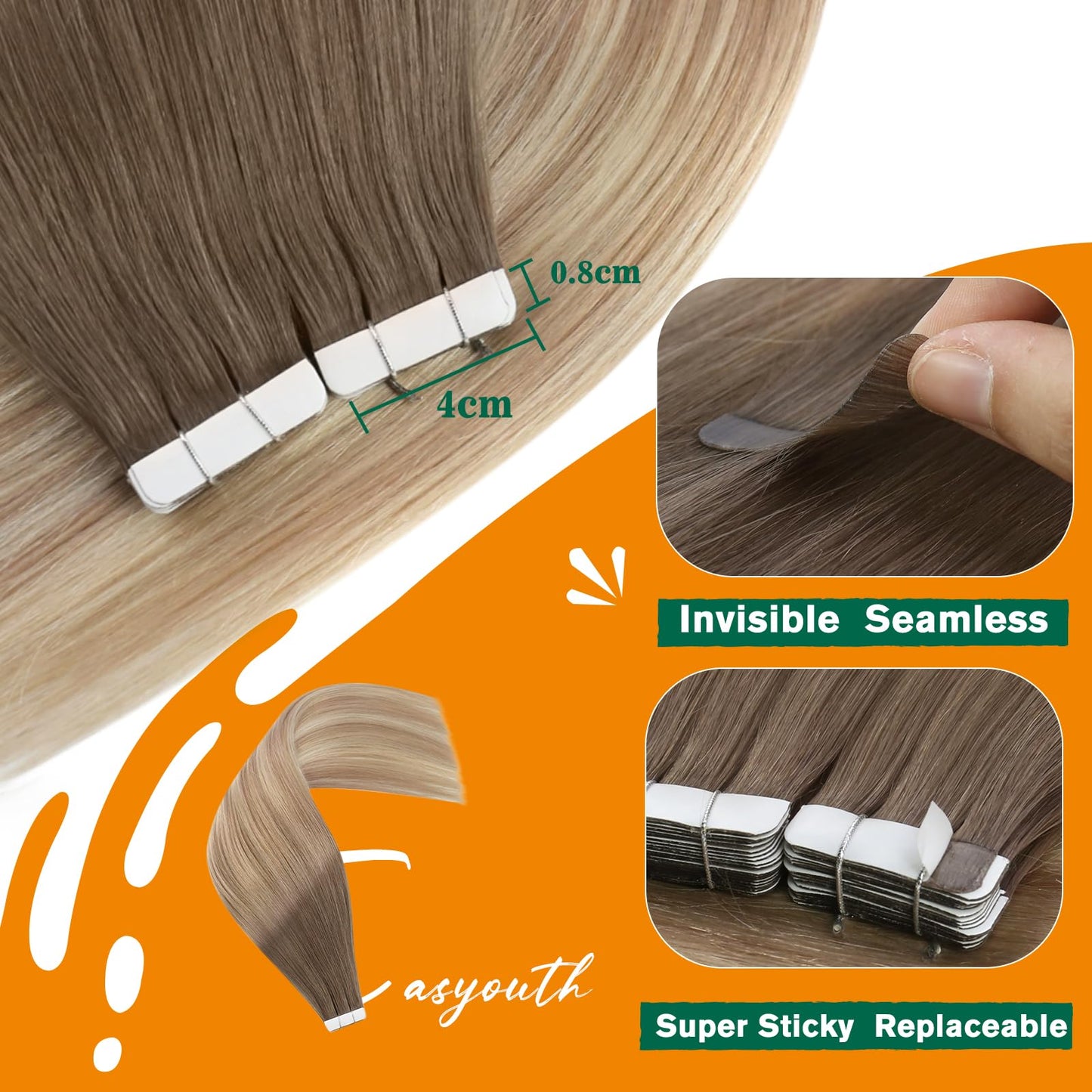 Easyouth Tape in Hair Extenisons Human Hair Blonde Balayage Tape in Extensions Human Hair Brown to Blonde Ombre Tape ins Human Hair Extensions Short Straight Hair 12 Inch 20pcs 30g Remy Hair Extension