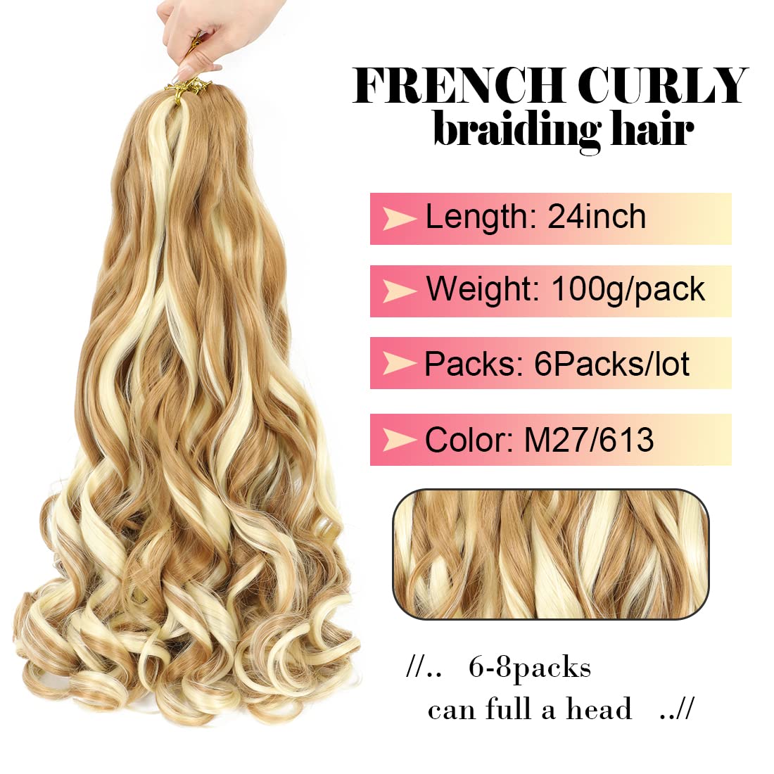 WIPPORYA 6packs French Curl Braiding Hair 24 Inch Loose Wave Bouncy Braiding Hair Pre Stretched 100g/pack Yaki Curly Hair for Black Women Hair Extensions (M27/613)