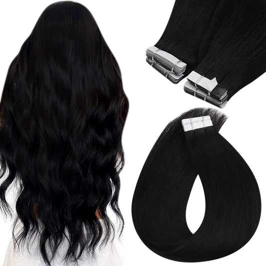 Sunny Hair Tape in Hair Extensions Real Human Hair Invisible Remy Hair Extensions Tape ins for Women Jet Black 12 inch 20Pcs