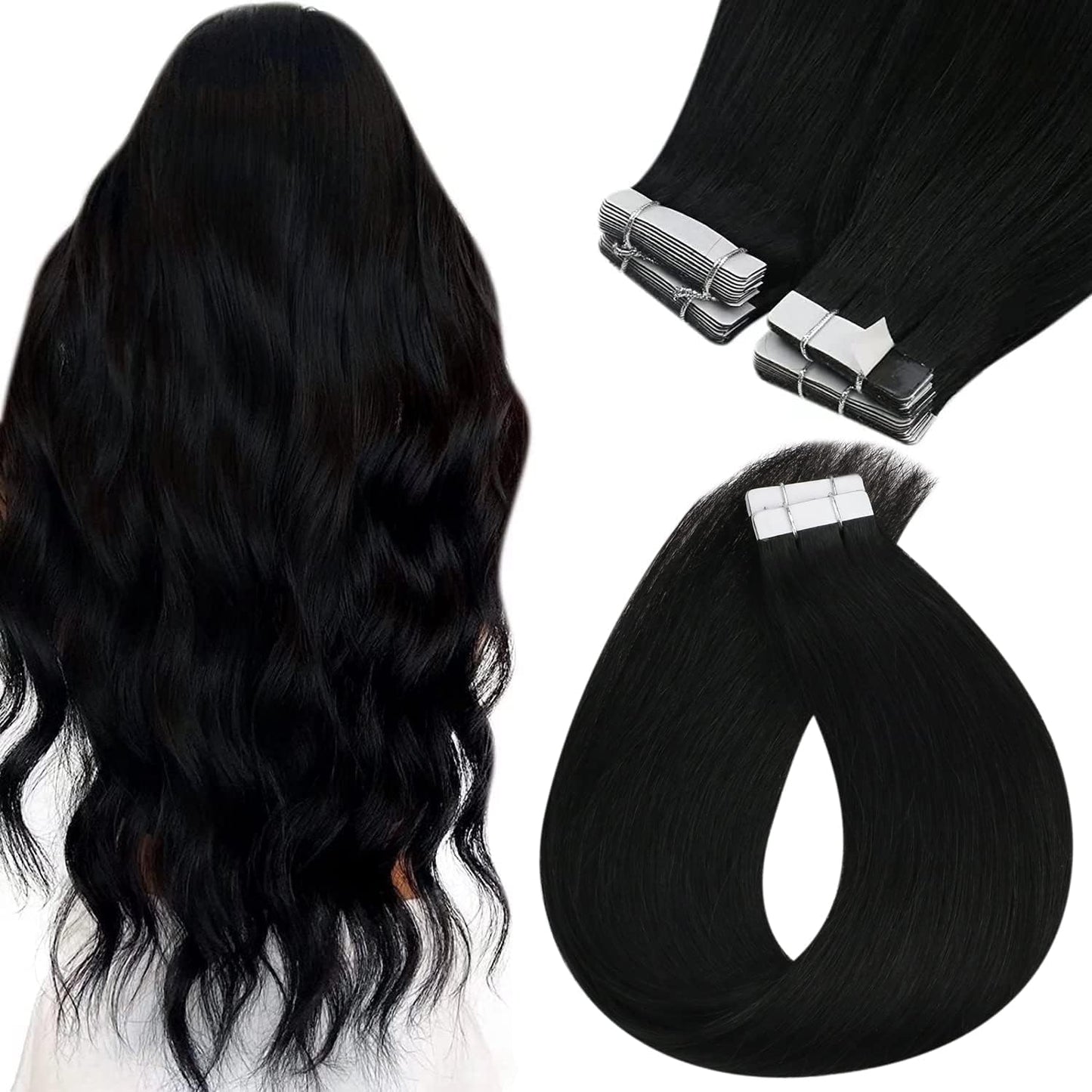 Sunny Hair Tape in Hair Extensions Real Human Hair Invisible Remy Hair Extensions Tape ins for Women Jet Black 24 inch 20Pcs 50G
