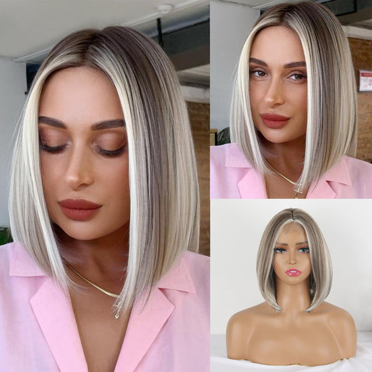 Liyouda Ombre Blonde Bob Wig Lace Front Bob Wig for White Women Blonde Ombre Wig Bob Middle Part Blunt Cut Bob Wig Short Straight Inverted Bob Hair Wigs for Women