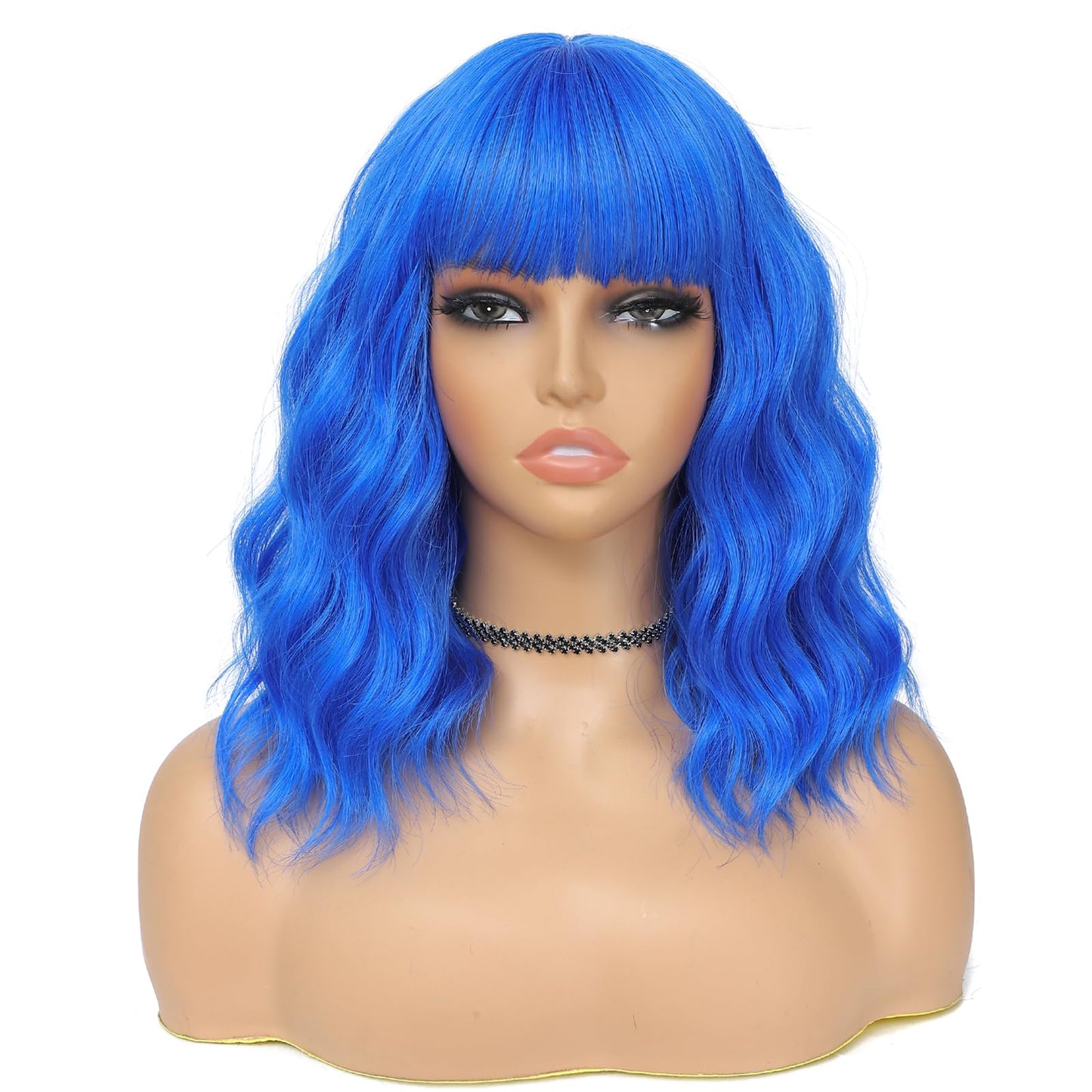 BEAUTIFA Blue Wig with Bangs for Women 14 Inch Shoulder Length Royal Blue Wigs Short Bob Wavy Curly Wig Heat Resistant Synthetic Colorful Wig