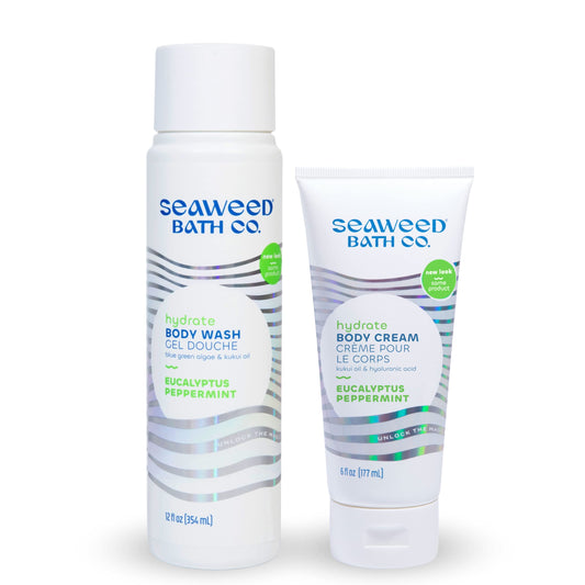 Seaweed Bath Co. Body Wash and Body Cream Duo, 12 Ounce, 6 Ounce, Eucalyptus Peppermint Scent, Sustainably Harvested Seaweed