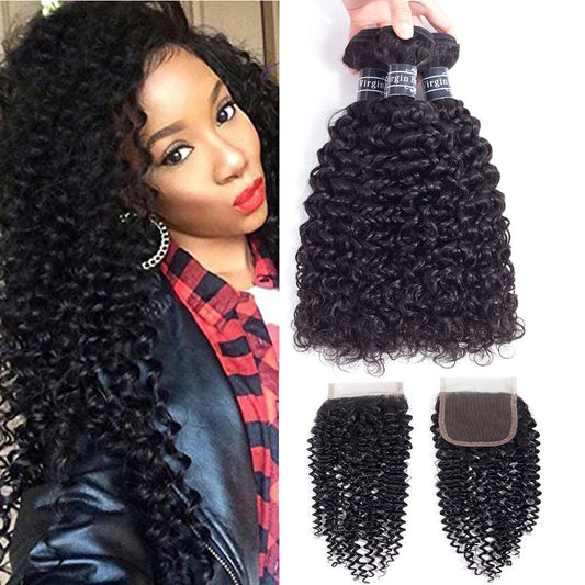 Amella Hair Brazilian Virgin Curly Hair Closure With 3 Bundles(18 20 22+18Closure)8A Unprocessed Human Hair Curly Bundles with Closure Natural Black Curly Weaves Closure Free Part Human Hair Extension