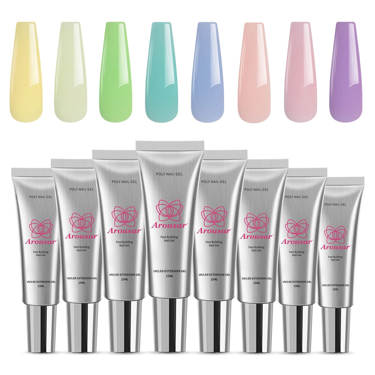 Arousar Poly Nail Gel Set, 8 Colors Pink Green Yellow Purple Nail Extension Gel for Beginners Professional Nails Art Thanksgiving Day & Halloween DIY Design Nail Art Salon at Home