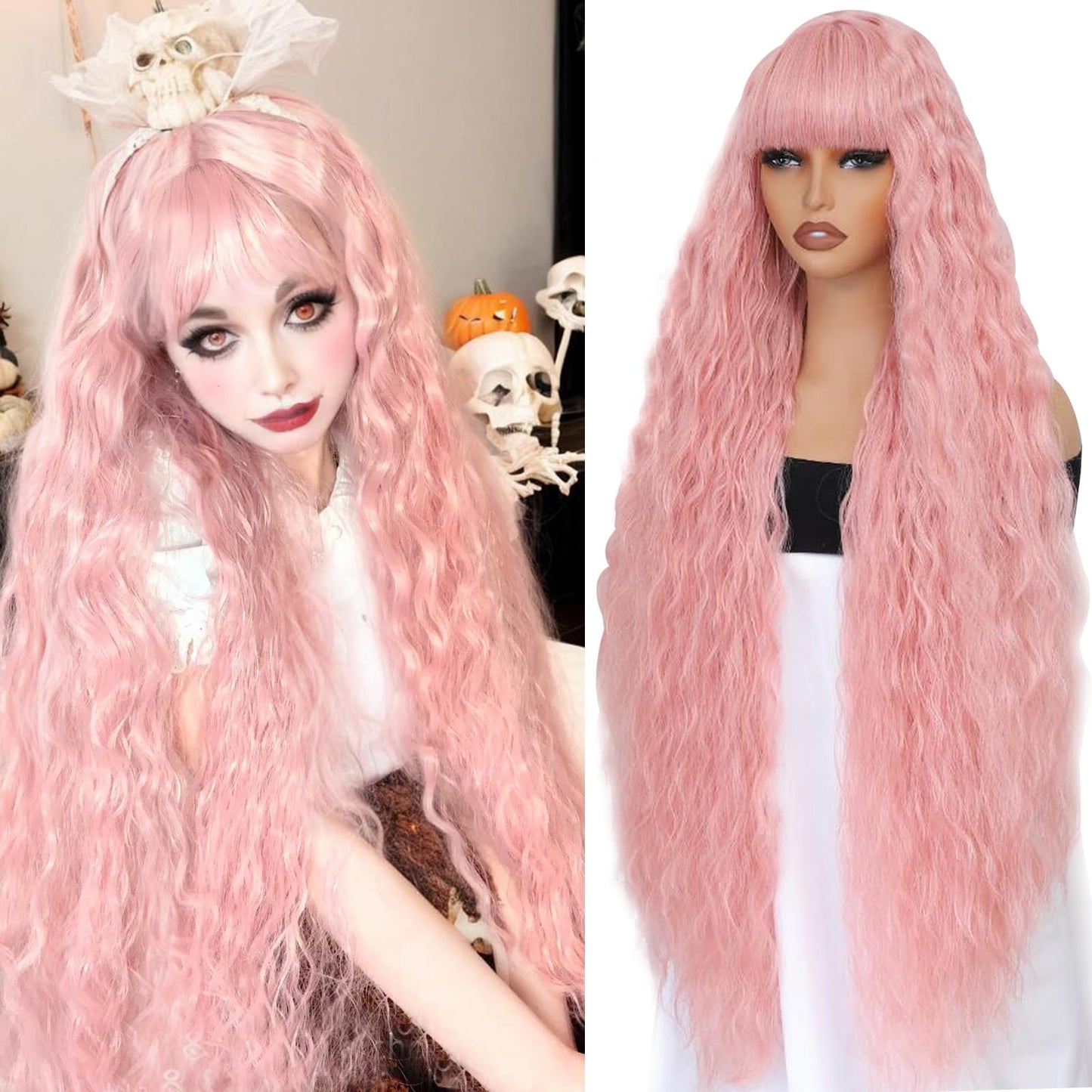 Aliesencia 40 Inch Long Wavy Wig with Bangs for Women White Cosplay Wig Bounce Fluffy for Halloween Party Daily Use(Pink)