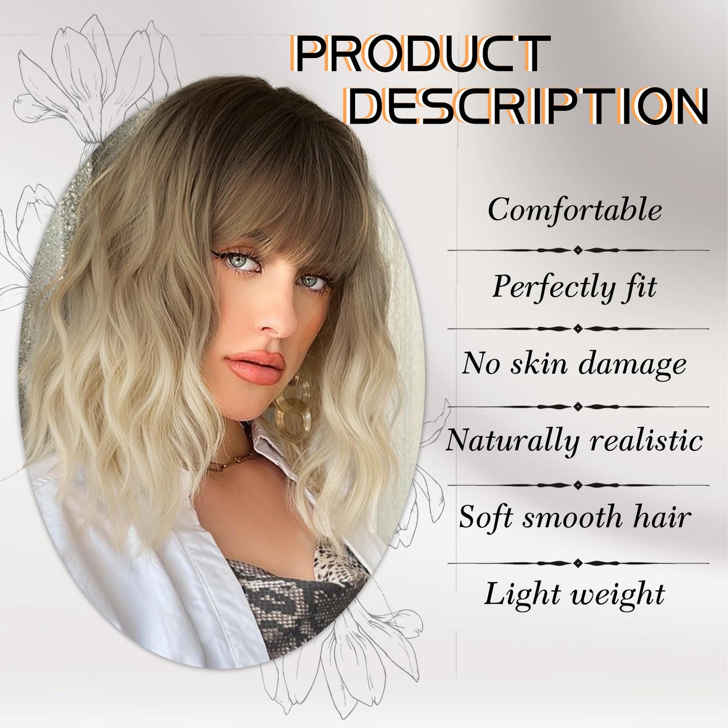 MOSINA Curly Wavy wig with Bangs for Women,14 inches Black and White Gradient Short Bob Wigs for Black Women,Heat Resistant Fiber Wig for Suitable for work, parties and other occasions Use