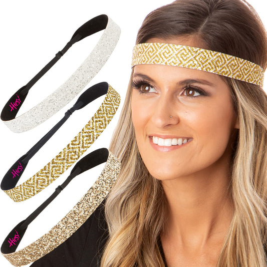 Hipsy Women's Adjustable Non Slip Cute Fashion Wide Bling Glitter Hair Headband 3-pack (Gold/Greek Key/White)