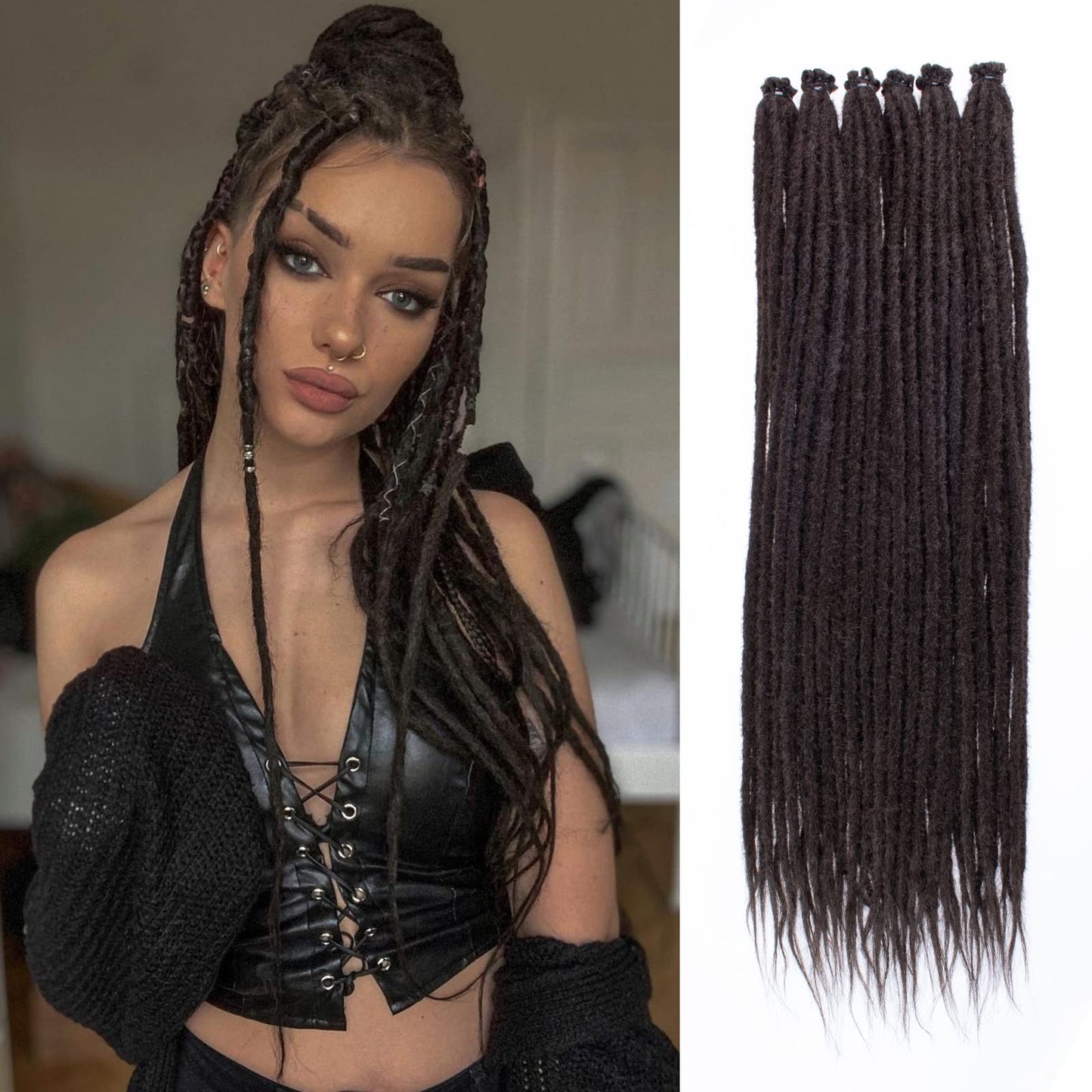 Leeven 30 Inch Synthetic Dreadlock Extensions 20 Strands Hippie Single Ended Dreads Chocolate Brown 0.6 cm Width Loc Extensions Reggae Style Crochet Hair for Women