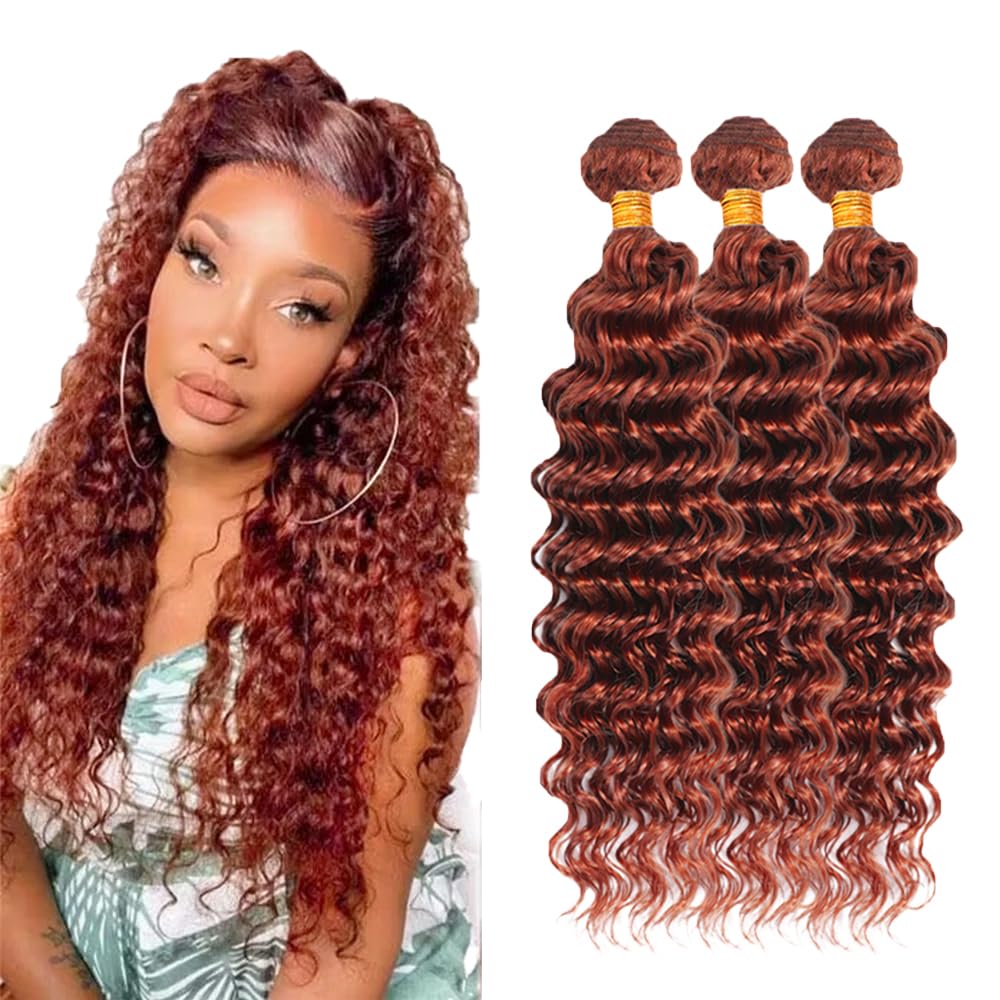 Reddish Brown Deep Wave Bundles Color #33 Human Hair Bundles Unprocessed Brazilian Virgin Reddish Brown Deep Wave 3 Bundles 14 14 14 Inch Double Weft Color #33 Bundles Human Hair