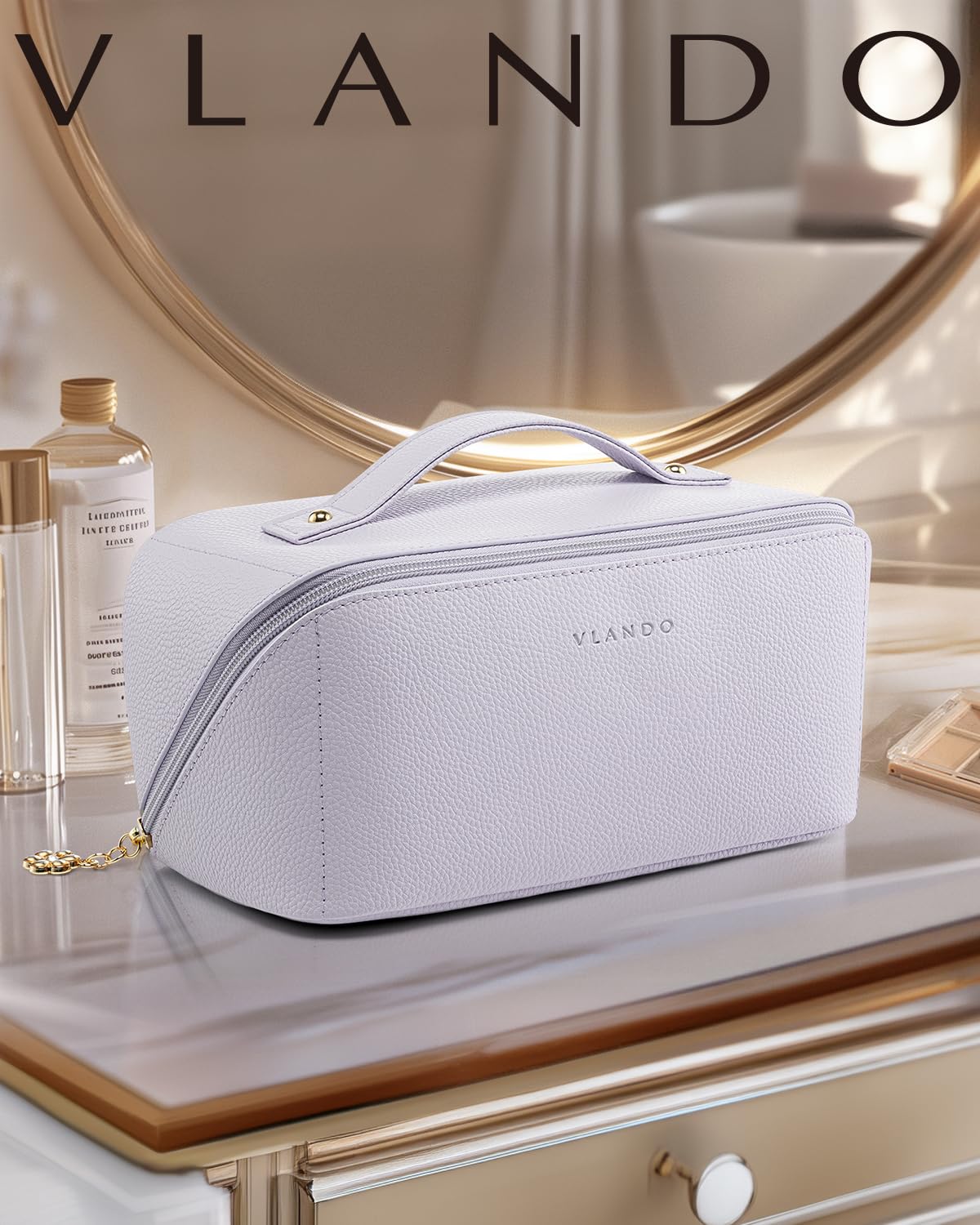 Vlando Makeup Bag,Travel Makeup Bag Waterproof Portable Cosmetic Bag PU Leather Open Flat Make up Organizer for Travelers teen Girls Women,Christmas Gifts for Women(Purple)