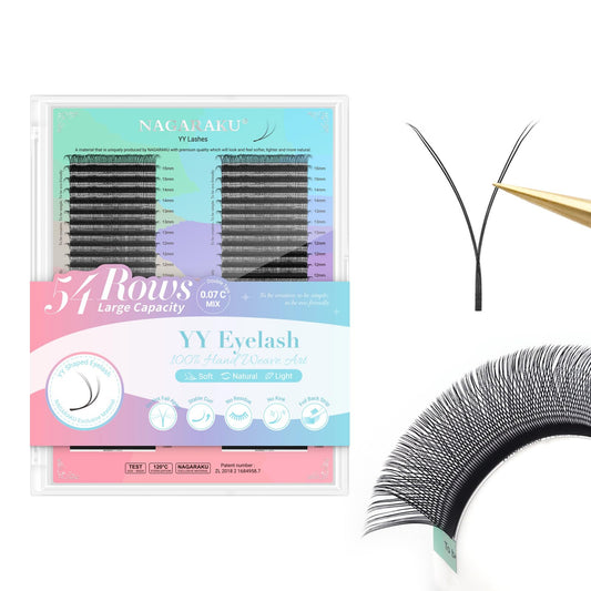 NAGARAKU YY Eyelash Extensions High Capacity 54 Rows 0.07 C Curl 7-15mm Mix Length Supplies Y Lash 4D Russian Volume Cross YY Eyelashes Handwoven Y Shaped Mesh Technology Wispy Cluster Matte Black