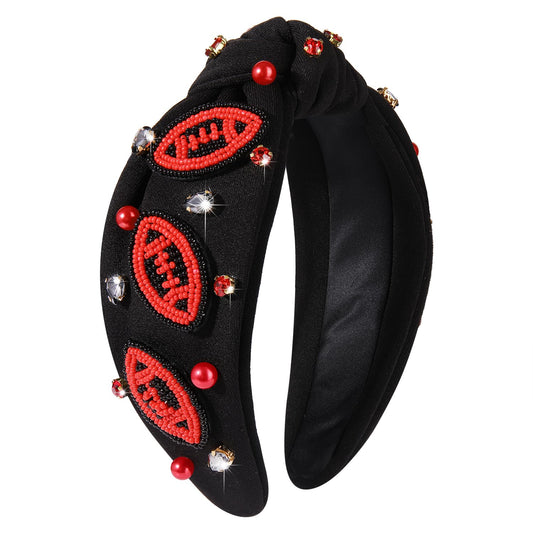 JERTOCLE Football Knotted Headbands for Women Game Day Sports Headband Pearl Crystal Bejeweled Wide Top Knot Hairband Game Day Hair Accessories (Red Black2)