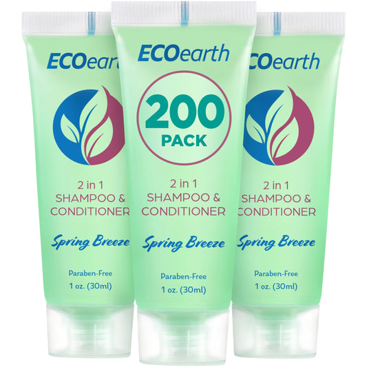 EcoEarth Travel Size Shampoo Conditioner 2-in-1 (1 fl oz, 200 PK, Spring Breeze) Delight Your Guests w/Revitalizing & Refreshing Conditioning Shampoo Amenities, Small Size Hotel Toiletries in Bulk