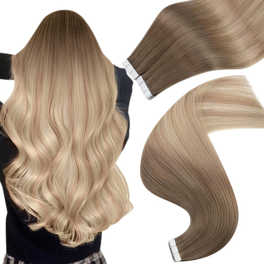 Easyouth Tape in Hair Extenisons Human Hair Blonde Balayage Tape in Extensions Human Hair Brown to Blonde Ombre Tape ins Human Hair Extensions Short Straight Hair 12 Inch 20pcs 30g Remy Hair Extension