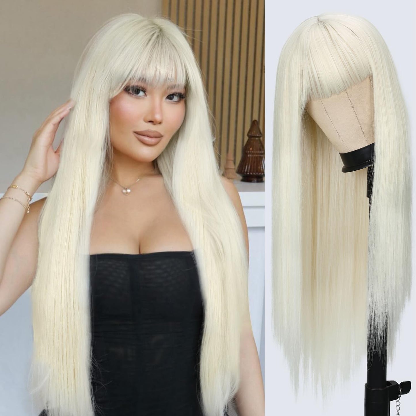 FANCEE Beige Wig with Bangs Long Straight Wig with Blunt Bangs for Women 26 Inch Synthetic Light Beige Blonde Wig with Layered Ends for Cosplay Halloween Party Daily Use